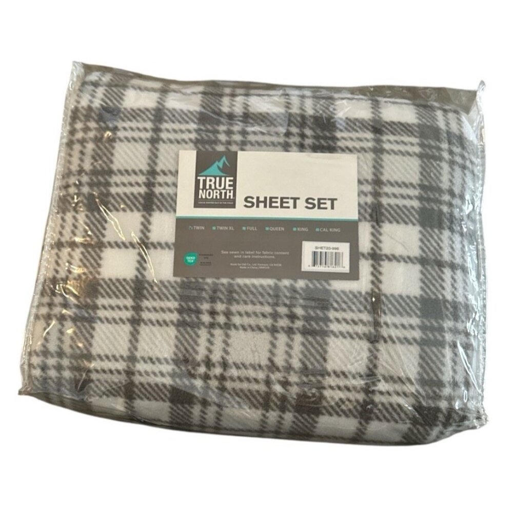 True North by Sleep Philosophy Micro Fleece Twin Sheet Set Plaid Grey White New